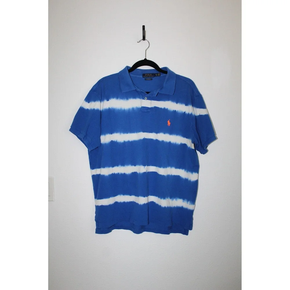 Polo Ralph Lauren Mens XL Custom Fit Tie Dye Stripe Polo Shirt Blue White Orange